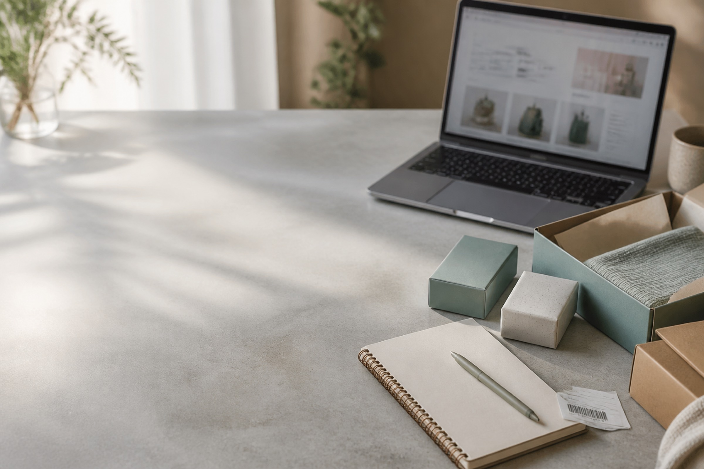 Seller workspace with product samples, packing materials, and a laptop